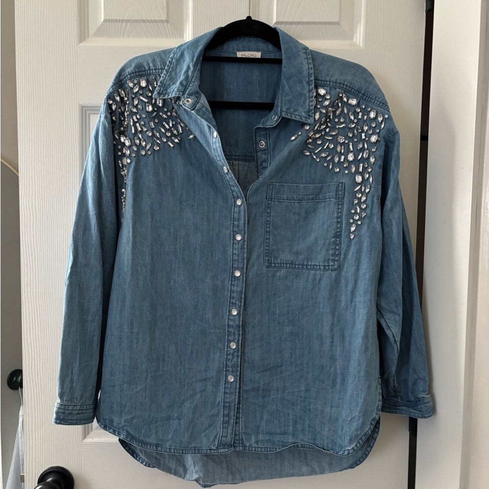 Pilcro Blue Button Down Shirt with Embellishments